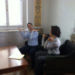 Andrés and Gina doing Yoga stretches before Saturday's interview at the Musikverein