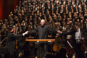 Maestro Christoph Eschenbach with Houston Symphony and Chorus after Mahler's Symphony of a Thousand Photo by Bruce Bennett
