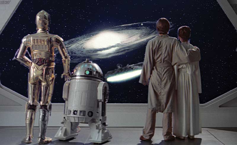 Leia, Han Solo, C3PO and R2D2 in Star Wars: The Empire Strikes Back.