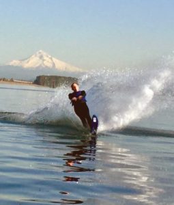 Adam Trussell, contrabasson, waterskiing on the Columbia River.