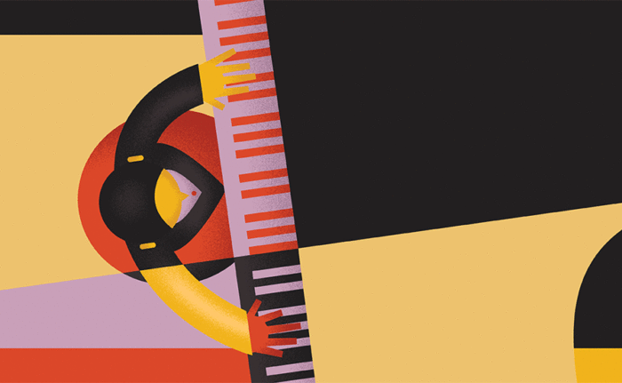Abstract art of piano player from a bird eye view