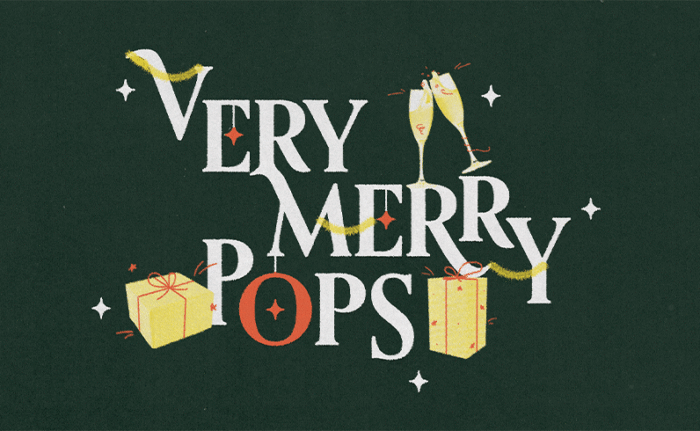 Very Merry Pops concert art with presents and champagne glass