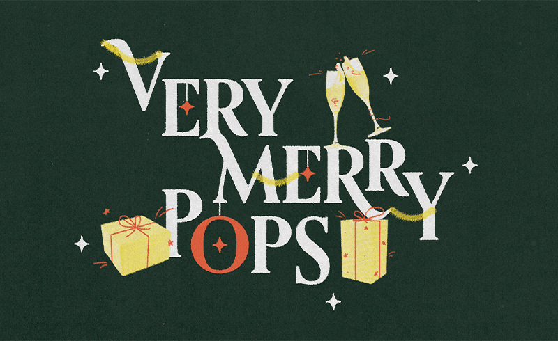 Very Merry Pops concert art with presents and champagne glass