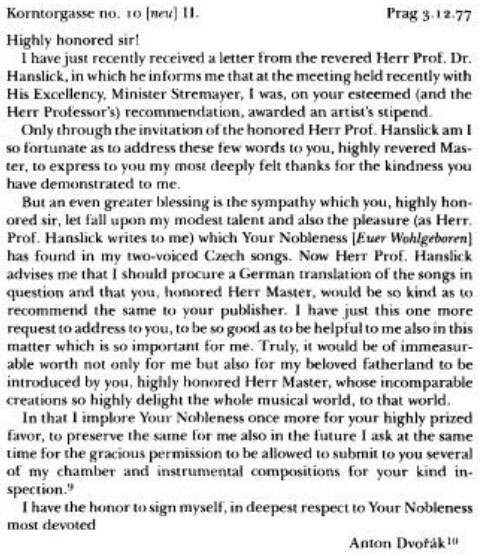 Dvořák’s first letter to Brahms